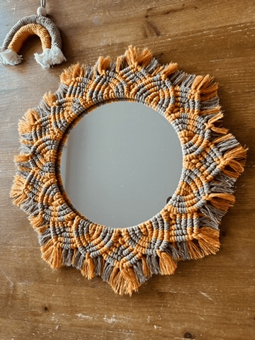 Miroir Macramé Perle de Bois Bicolore Écru/Or