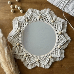 Miroir Macramé Écru Perle de bois